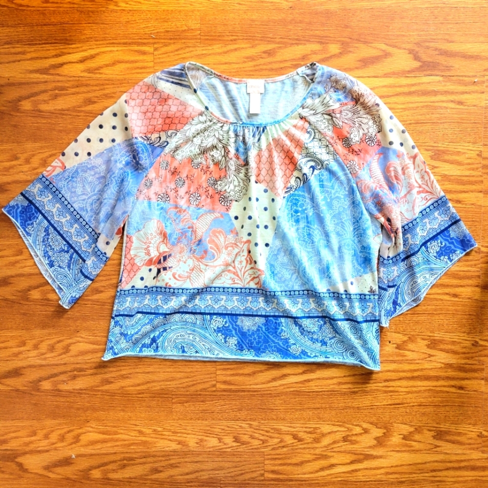 Chico's Size 2 (Medium) Pastel Patchwork Tunic Bell Sleeves Women's Top